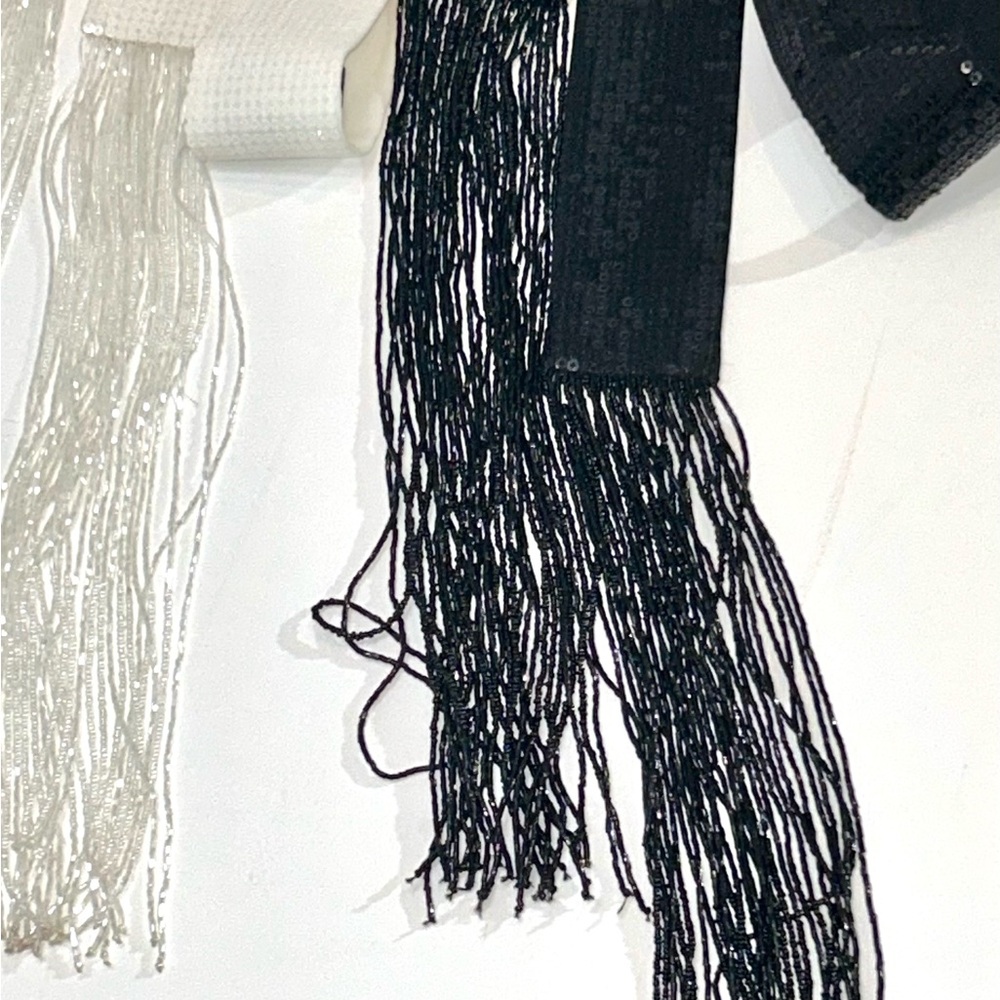 Per Se Black, White Sequined and Beaded Sash Belts Set with Fringe - Picture 11 of 13